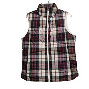 Lands' End Puffer Vest Women M 10-12 Red Green Plaid Down Blend Quilted Full Zip